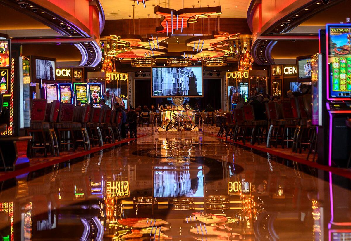 Lights reflect off the floor inside the Hard Rock Casino Sacramento in south Yuba County on Feb. 25.