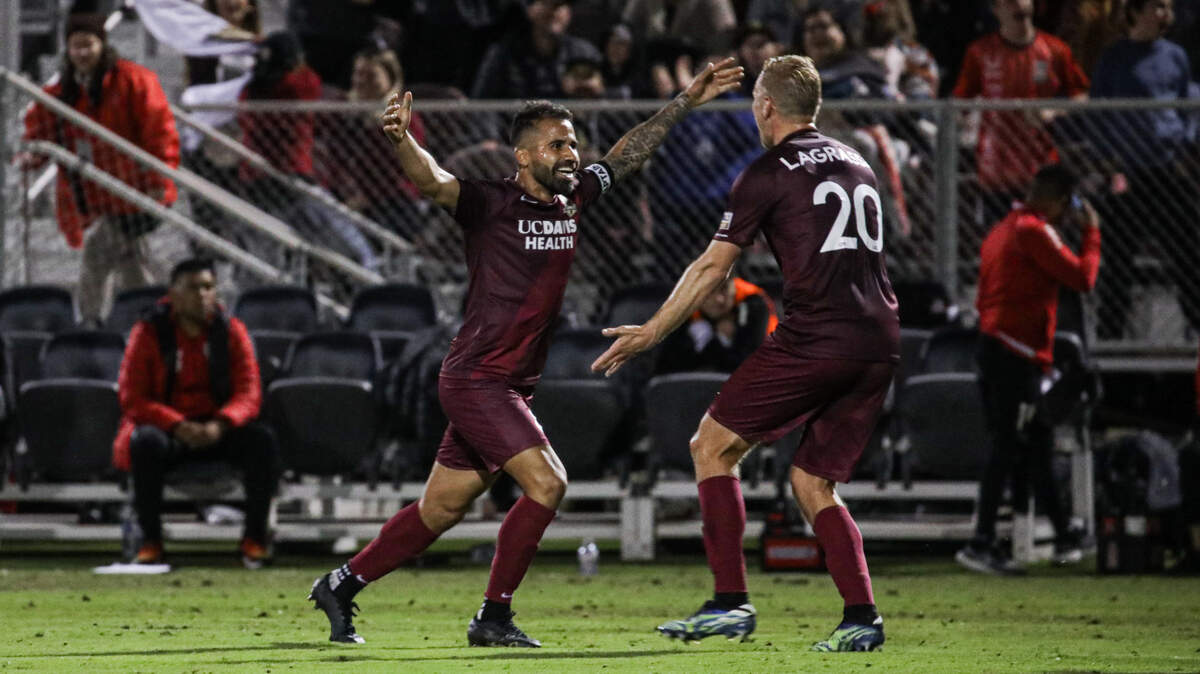 Sacramento midfielder Rodrigo Lopez celebrates his extra-time goal that sent the Republic into the fourth round of the U.S. Open Cup on Wednesday, April 20, 2022.