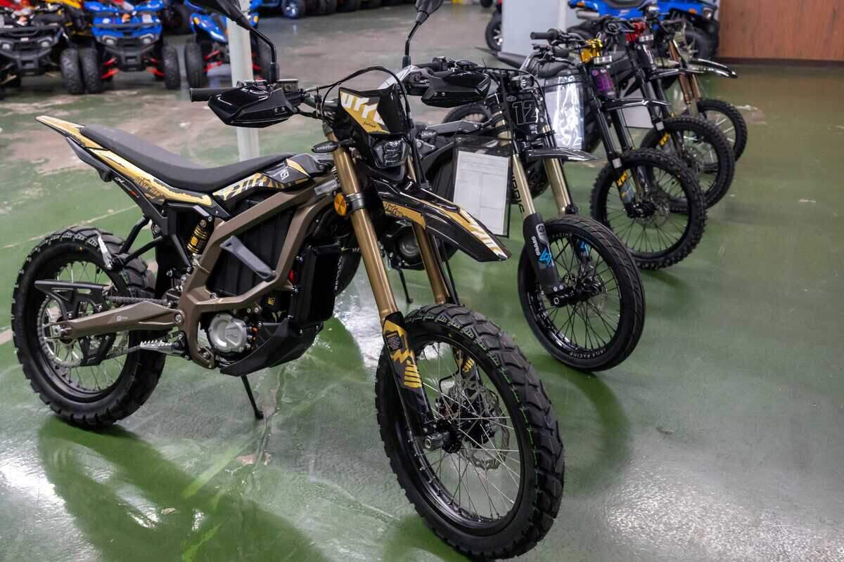 An e-moto is displayed at ATV Wholesale Outlet in Old Foothill Farms on March 17, 2026. Officials across the Sacramento region report growing concerns about higher-powered electric motorcycles, which are not legal on public roads or bike paths and are often confused with e-bikes.