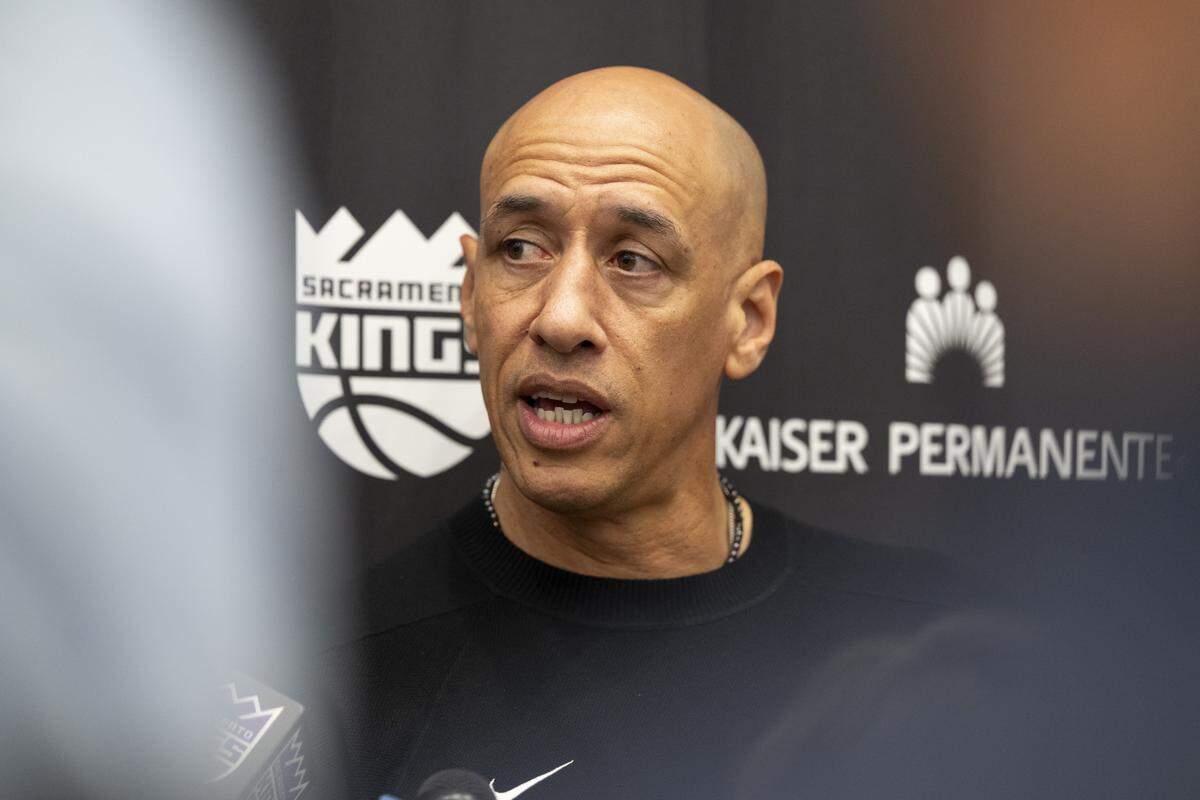 Sacramento Kings coach Doug Christie answers questions from the media during Kings’ media day in Sacramento on Monday.