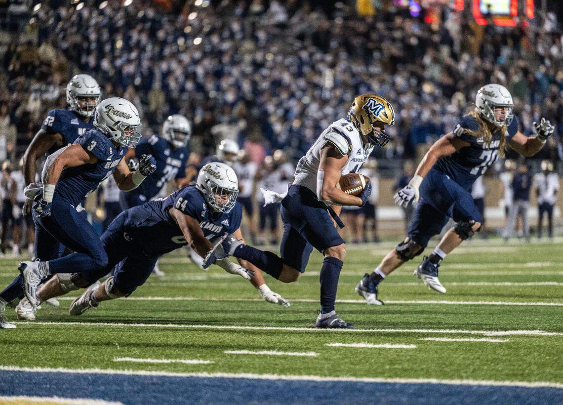 Montana State Bobcats linebacker McCade O’Reilly (43) returns an interception against the UC Davis Aggies during on Saturday at UC Davis Health Stadium. The play sealed a 30-28 victory by the Bobcats after the Aggies mounted a comeback.