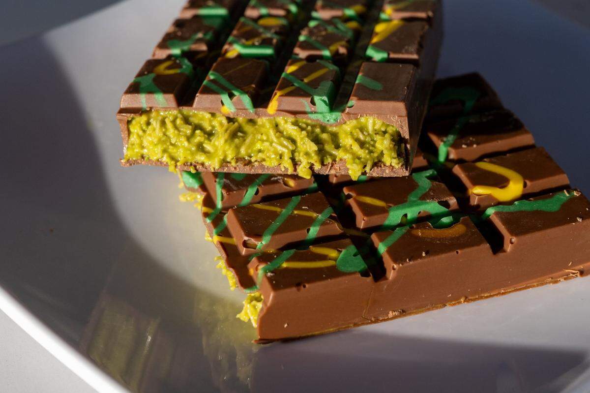 A Dubai chocolate bar is ready to eat at Nour’s Cafe on Thursday, Feb. 20, 2025, in Carmichael.