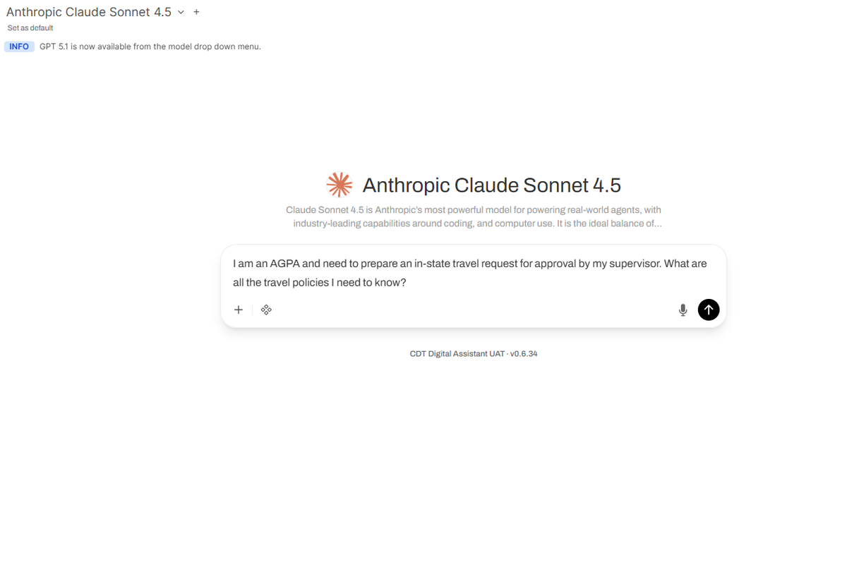 A screenshot of the California Department of Technology’s AI assistant tool Poppy that includes the prompt, “I am an AGPA and need to prepare an in-state travel request for approval by my supervisor. What are the travel policies I need to know? “