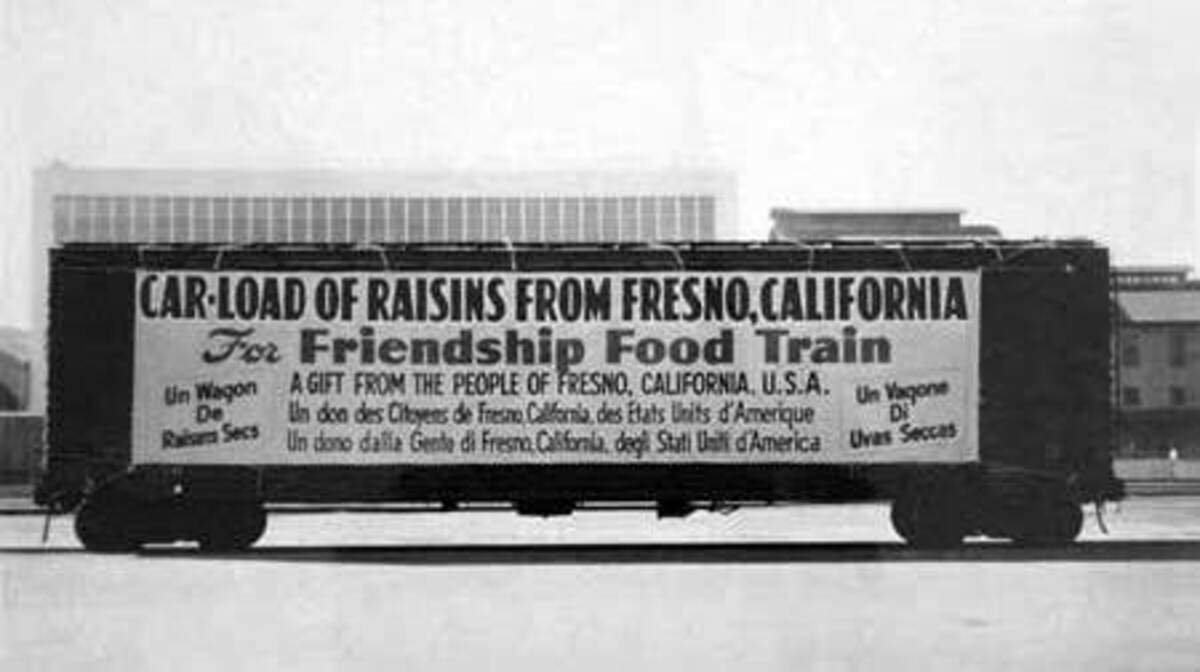 The Friendship Train of 1947 was the idea of columnist Drew Pearson. Americans were asked to donate food to hungry Europeans. Fresno’s gift was a carload of raisins and dried figs.