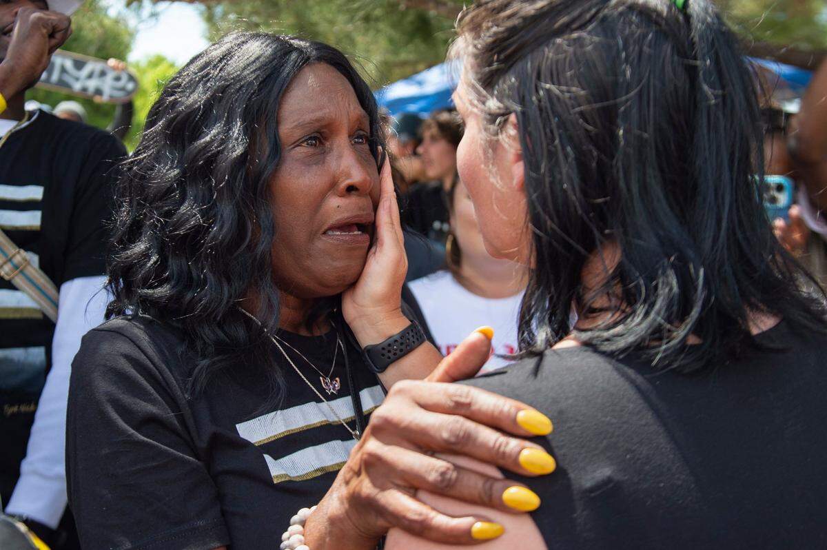 Sacramento City Councilwoman Lisa Kaplan, right, consoles Tyre Nichols’ mother RowVaughn Wells, left, at the ribbon cutting celebration for the Tyre Nichols Skatepark, named in honor of the former Sacramento resident who was fatally beaten by Memphis police officers following a traffic stop in January, on Sunday at Regency Community Park in Sacramento. “This is a very bittersweet thing for me,” said Wells. “For this to be happening right now in Tyre’s honor is a blessing.”