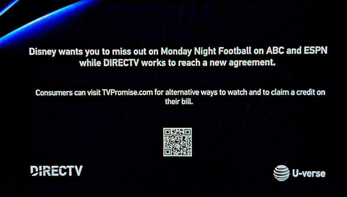 DirecTV Stream users in Sacramento have this image on their screen tuning into Channel 10, the ABC affiliate. Its text has changed from the original, now specifically citing “Monday Night Football” and blaming Disney.