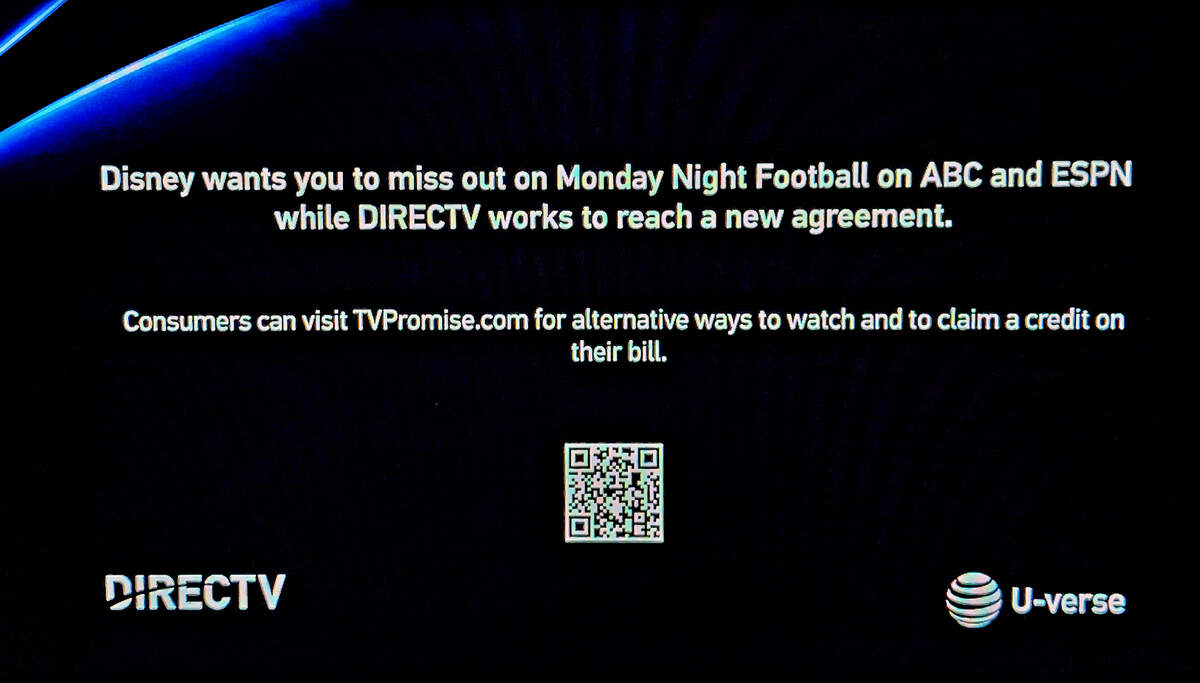 DirecTV Stream users in Sacramento have this image on their screen tuning into Channel 10, the ABC affiliate. Its text has changed from the original, now specifically citing “Monday Night Football” and blaming Disney.