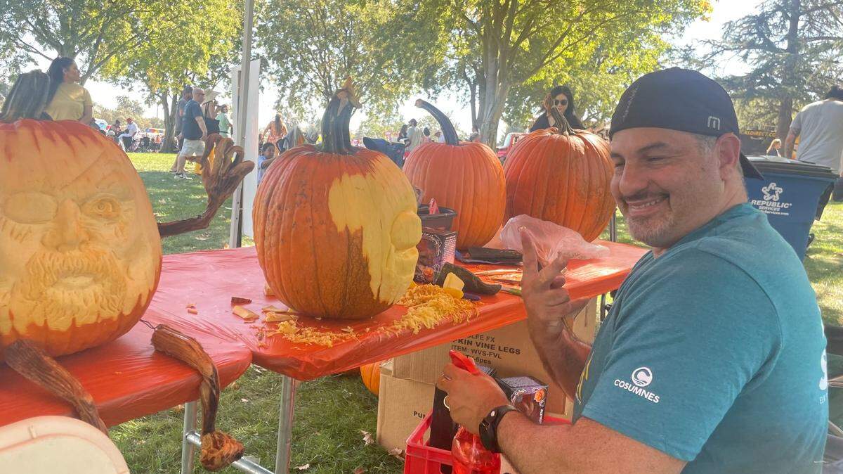 Luis Rodriguez was hired to carve pumpkins at the 29th annual Elk Grove Giant Pumpkin Festival on Saturday, Oct. 7, 2023.