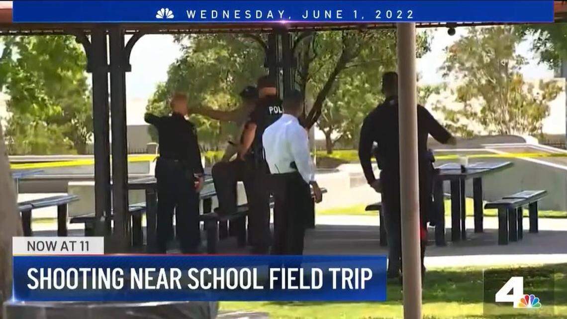 A gun battle at a Rialto park killed one and injured another as children at the park for an end-of-year school trip took cover, California police say.