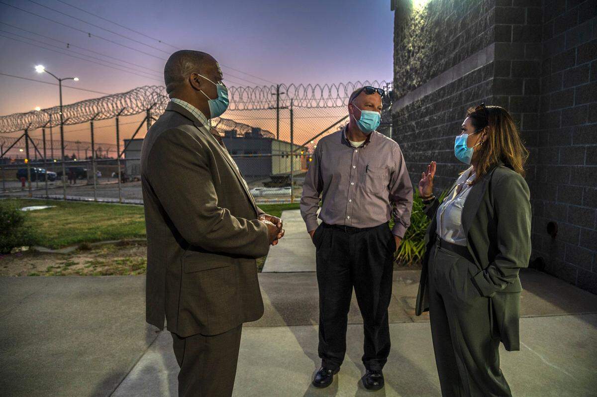 As the sun goes down at Folsom State Prison, Norma Cumpian, right, is still working after touring the prison in the hopes of adding programming for incarcerated people in April. “If no one invested in me, and if no one gave me the opportunity, I would not be this person on the board touring Folsom Prison or a mother of a combat veteran. I wouldn’t be any of those things if I did not have what I’m simply asking to give to the folks on the inside,” said Cumpian.