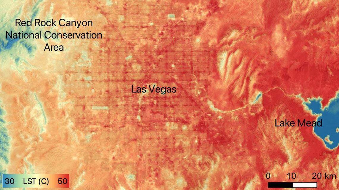 NASA’s ECOSTRESS instrument recorded ground temperatures around Las Vegas on June 10. The hottest spots were dark-colored streets at more than 122 degrees, NASA says.