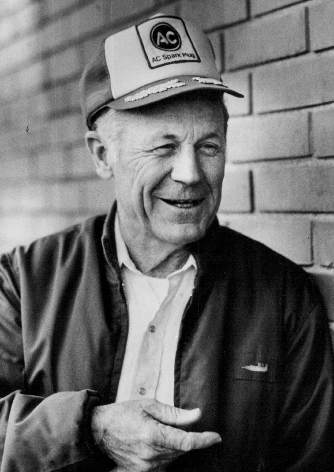 Aviation pioneer and Grass Valley resident Chuck Yeager wears an AC spark plugs cap – he appears in their commercials – in 1985 as he reviews actor Sam Shepard’s portrayal of him in the film “The Right Stuff.” Yeager, who has a cameo in 3 hour, 13 minute movie, admits he has already seen it “about eight times.”