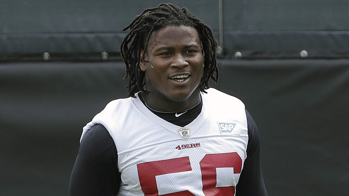 San Francisco 49ers linebacker Reuben Foster walks on the field May 30 during a practice at the team’s NFL football training facility in Santa Clara, Calif. 4