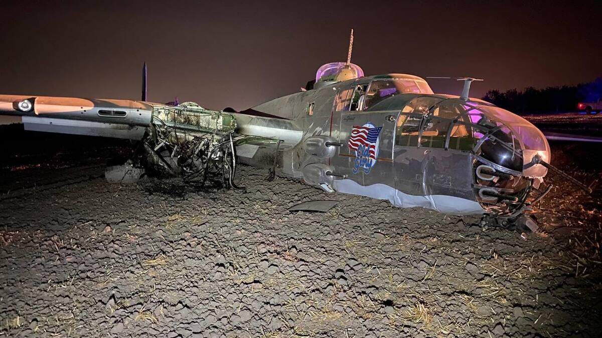 A plane crash in Stockton on Saturday night sent two people to the hospital and left a World War II era plane severely damaged.