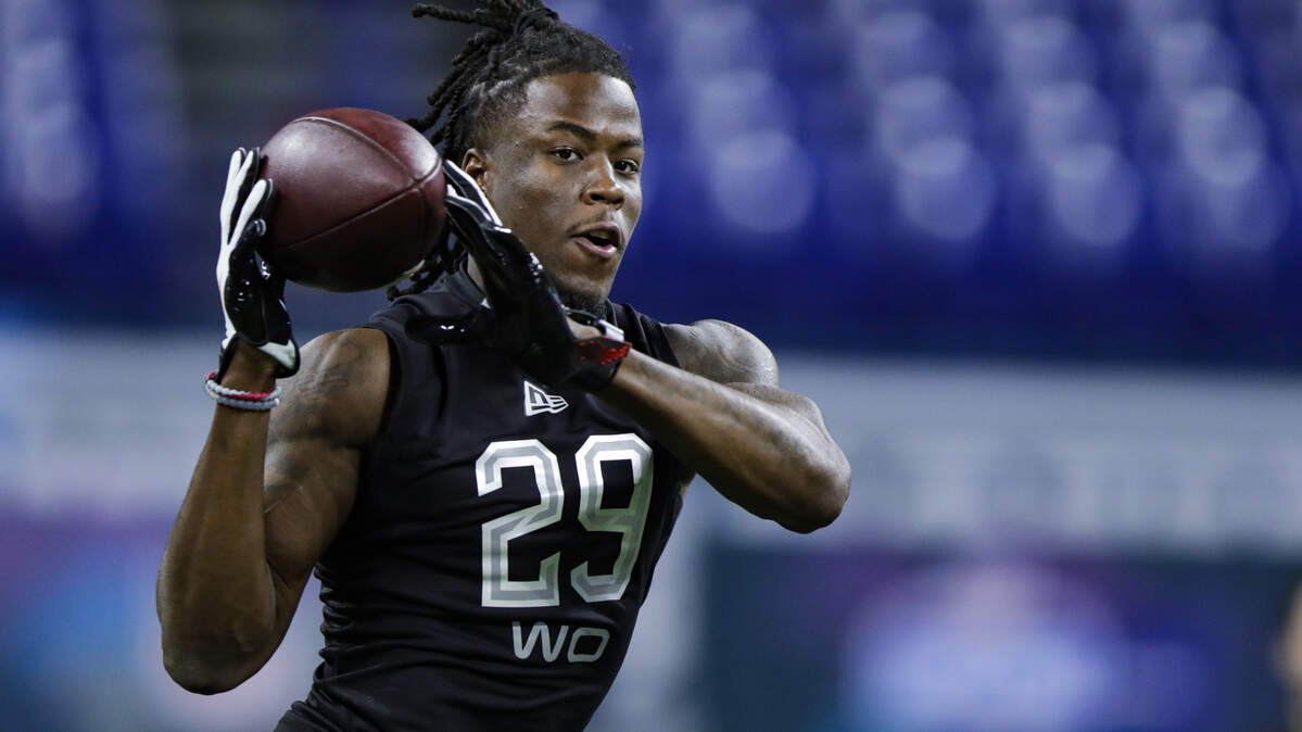 Alabama wide receiver Jerry Jeudy runs a drill at the NFL football scouting combine in Indianapolis.