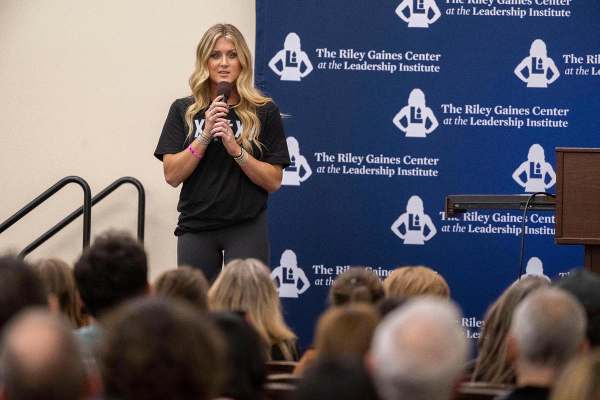 Riley Gaines, a former collegiate swimmer for the University of Kentucky and director of&nbsp;The Riley Gaines Center at the Leadership Institute, who has been a vocal critic of&nbsp;transgender&nbsp;female athletes in women’s sports, speaks at UC Davis on Friday during her Speak Louder Campus Tour.
