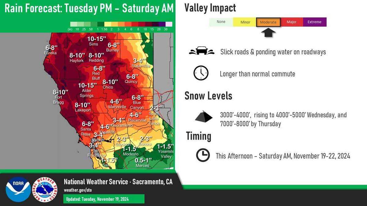 An atmospheric river storm with potential for a “bomb cyclone” will move onshore Tuesday afternoon Nov. 19, 2024, into Northern California and the Pacific Northwest.