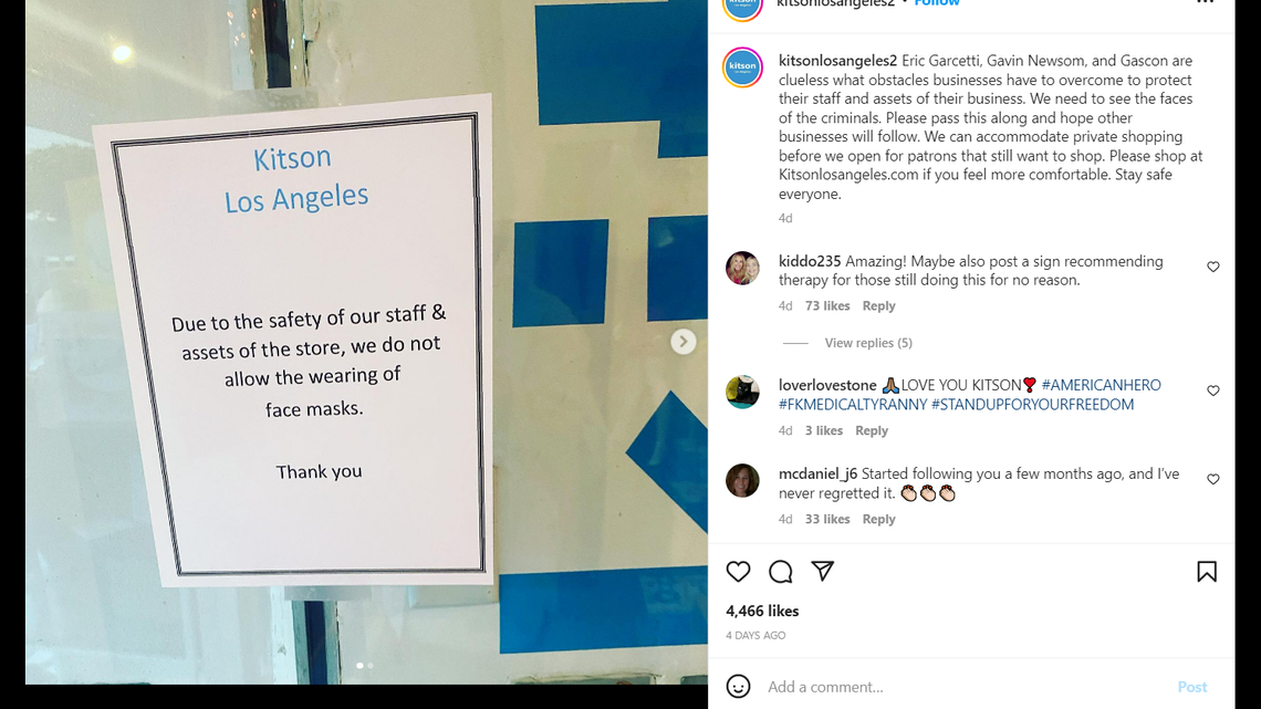 A California clothing store no longer allows customers to wear masks, citing an uptick in shoplifting and robberies in the area. (Screenshot from Instagram)
