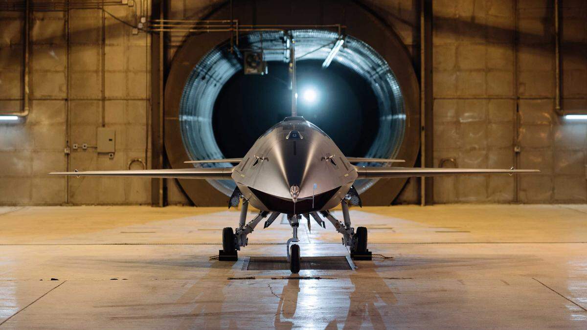 A YFQ-44A unmanned aircraft is staged in a testing chamber in Costa Mesa in an undated photograph provided by the Air Force. The YFQ-44A, developed by Anduril, is one of two semiautonomous vehicles headed to Beale Air Force base that the Air Force says “will be critical in securing air dominance for the Joint Force in future conflicts, leveraging autonomous capabilities and crewed-uncrewed teaming to defeat enemy threats in contested environments.”