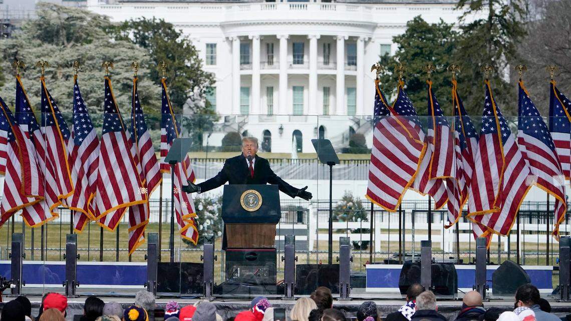 FILE - In this Jan. 6, 2021, file photo, with the White House in the background, President Donald Trump speaks at a rally in Washington. (AP Photo/Jacquelyn Martin, File)