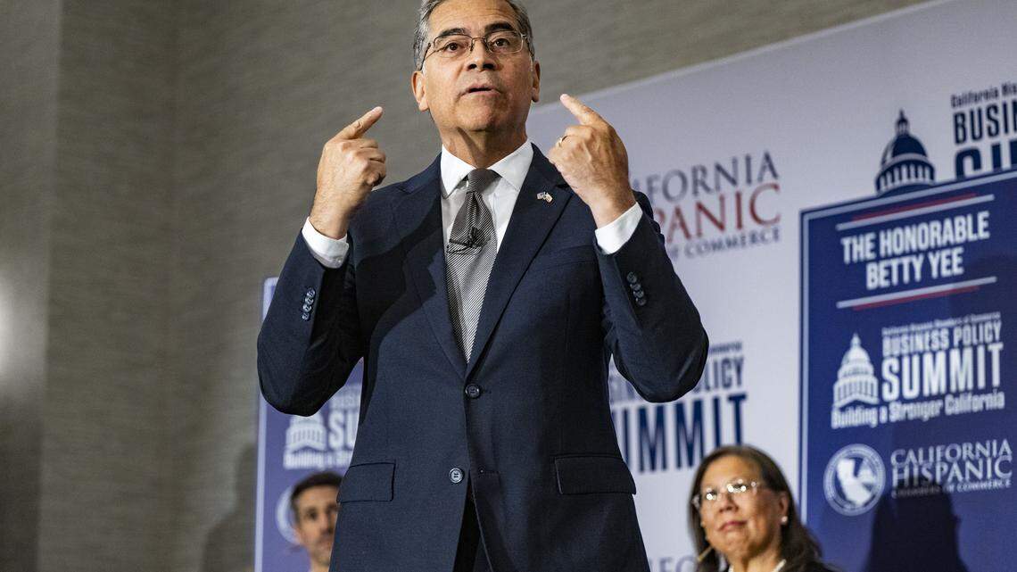 Gubernatorial candidate Xavier Becerra speaks during a candidate forum by the California Hispanic Chambers of Commerce in Sacramento on Tuesday, April 14, 2026. The former California Attorney General and U.S. Secretary of Health, a McClatchy High School graduate, had a good week in the polls after Rep. Eric Swalwell dropped out of the race.