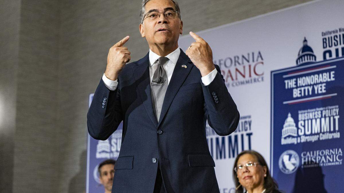 Gubernatorial candidate Xavier Becerra speaks during a candidate forum by the California Hispanic Chambers of Commerce in Sacramento on Tuesday, April 14, 2026. 