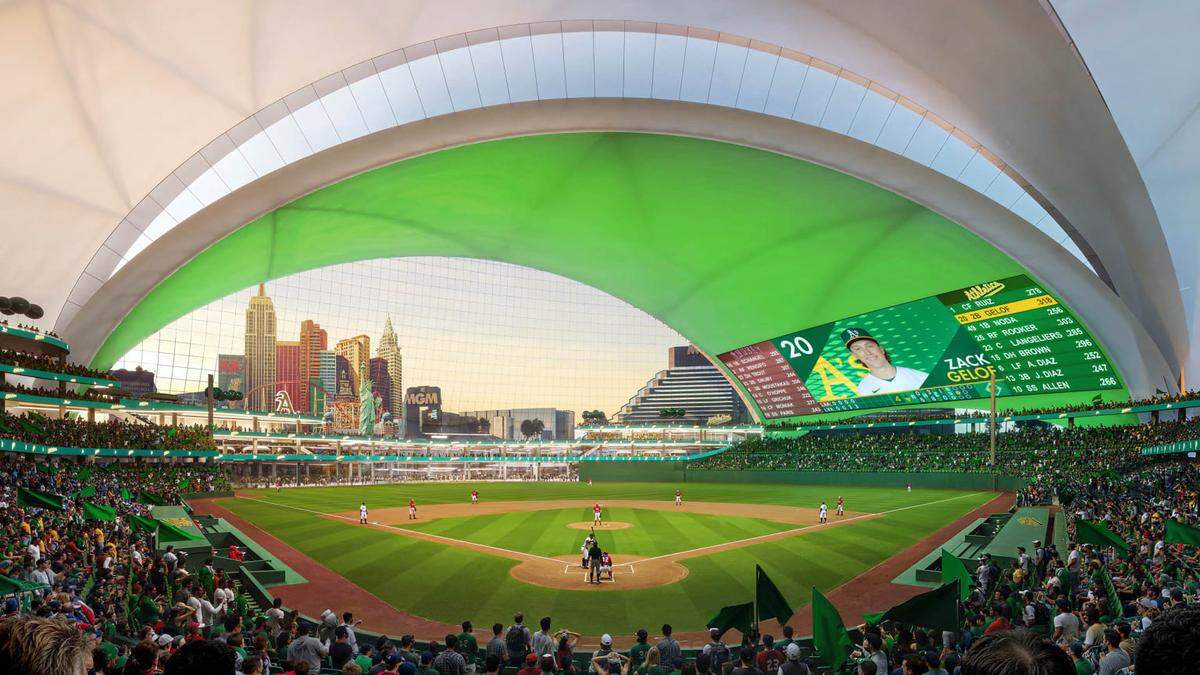 A rendering shows the design for the A’s new ballpark project in Las Vegas on the Tropicana site.