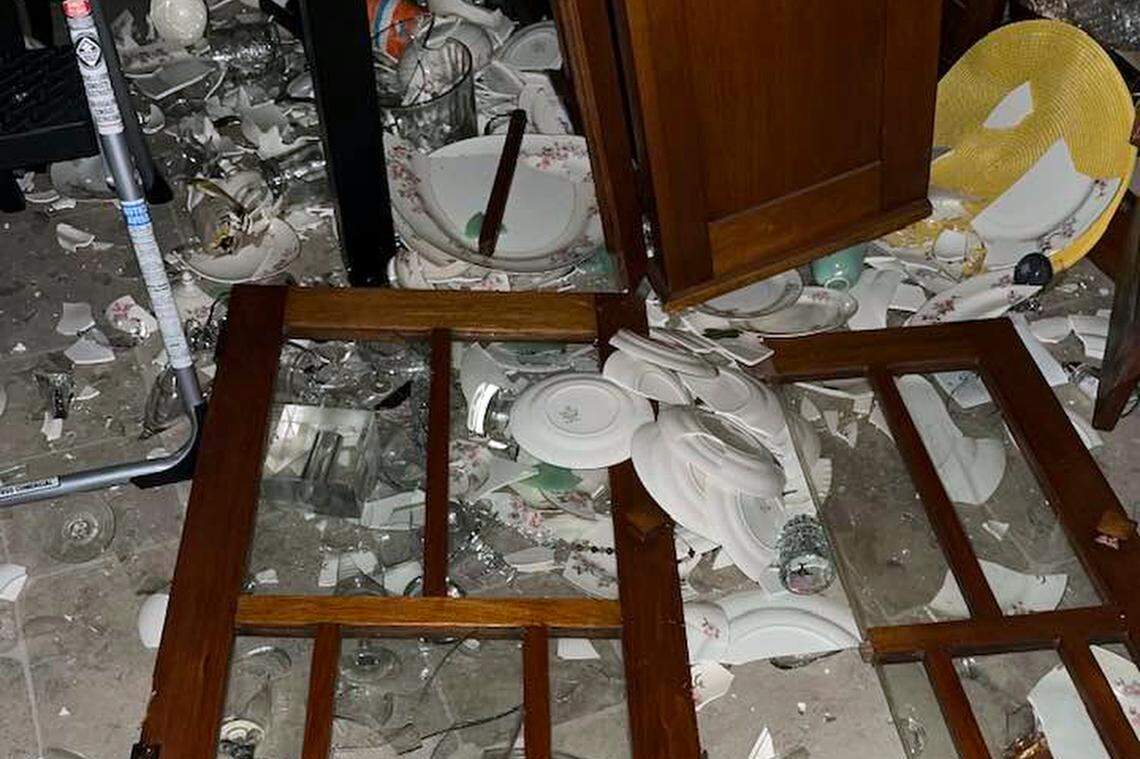 This image courtesy of Diana McIntosh shows damage at her home in Eureka, Calif., Tuesday, Dec. 20, 2022, following an earthquake. Officials say a strong earthquake in Northern California has cut off power to thousands and caused some damage to roads and homes. No deaths and just two injuries have been reported in the magnitude 6.4 earthquake early Tuesday. The city of Eureka, population 26,000, said on its website that its communications center was receiving a high volume of calls but “no significant damage” was immediately reported. (Diana McIntosh via AP)