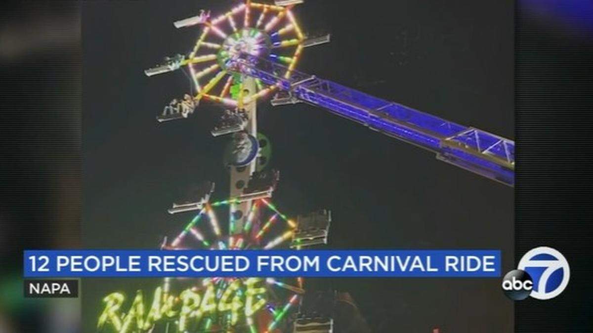 A struck carnival ride at the Napa Town & Country Fair left 12 people dangling in the air until they could be rescued, California firefighters say.