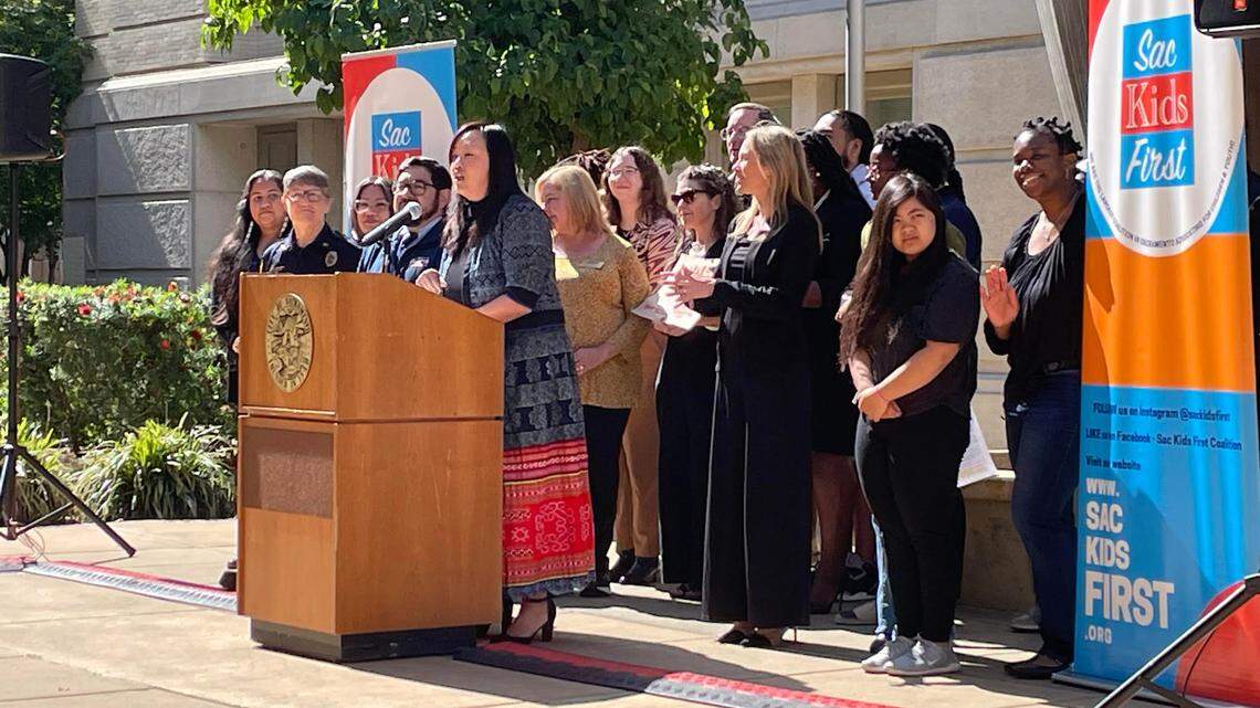 Councilmember Mai Vang speaks at a town hall to recognize the city and community’s collaboration with the Sacramento Children’s fund.
