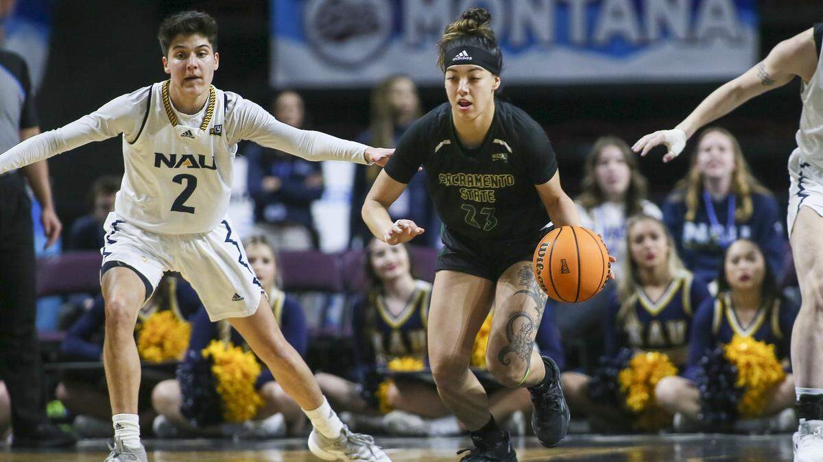 Sacramento State Hornets guard Jordan Olivares (23) dribbles against the Northern Arizona Lumberjacks at Idaho Central Arena in the Big Sky championship game on Wednesday, March 8, 2023. Olivares had team with 26 points.