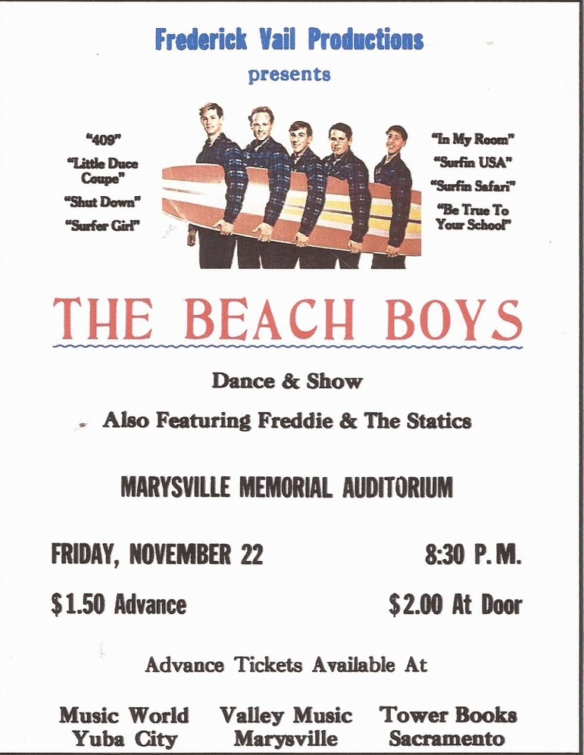 A poster from the Fred Vail promoted Beach Boys concert in Marysville on Nov. 22, 1963. President John F. Kennedy was assassinated earlier that day. Vail led a moment of silence honoring the fallen President prior to the concert.
