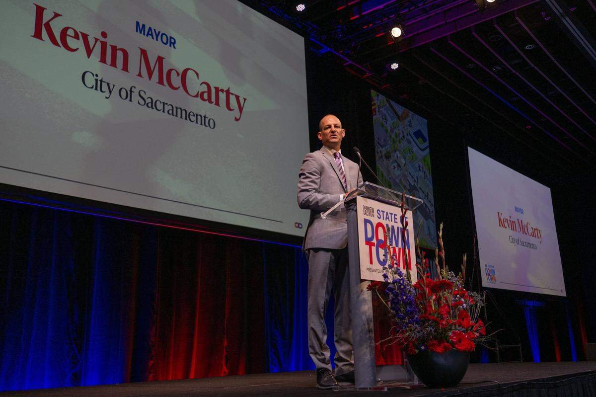 Sacramento Mayor Kevin McCarty talks during the State of Downtown breakfast on Tuesday, Feb. 25, 2025 at the SAFE Credit Union Convention Center.