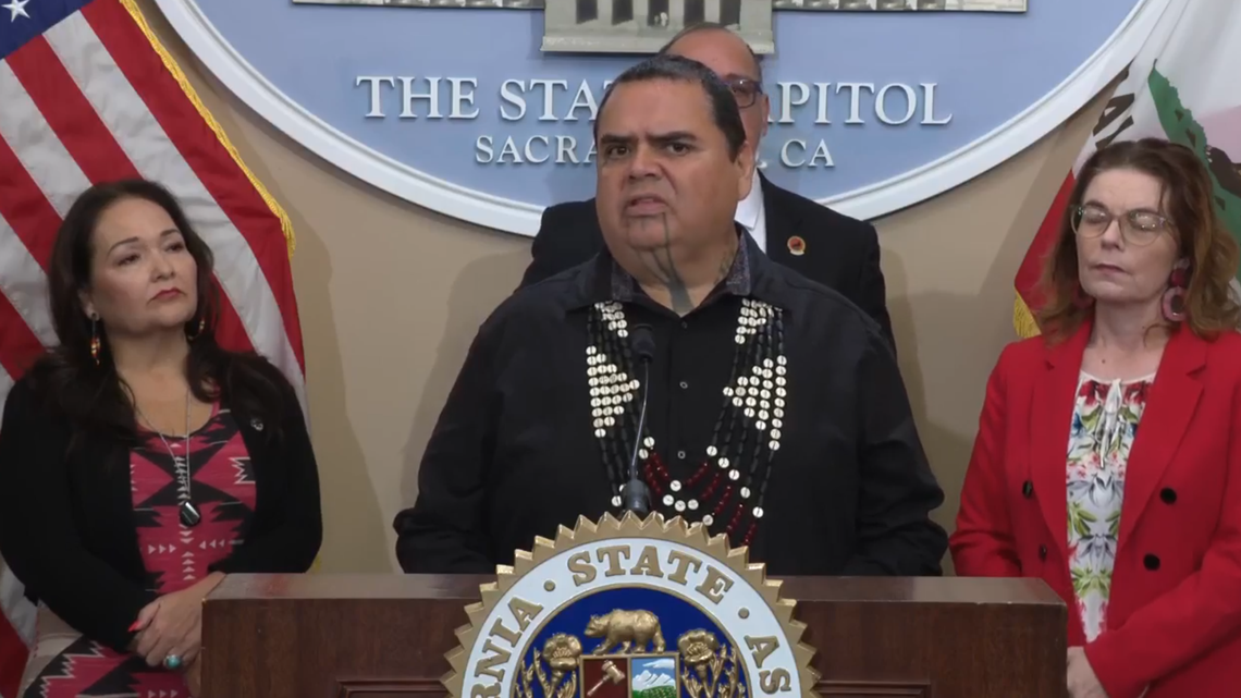 Jack Potter Jr., the chairman of Redding Rancheria, speaking at a Native American Graves and Repatriation Act news conference on August 6, 2024. Potter is one of the many tribal leaders in California who have worked to repatriate ancestors in university collections.