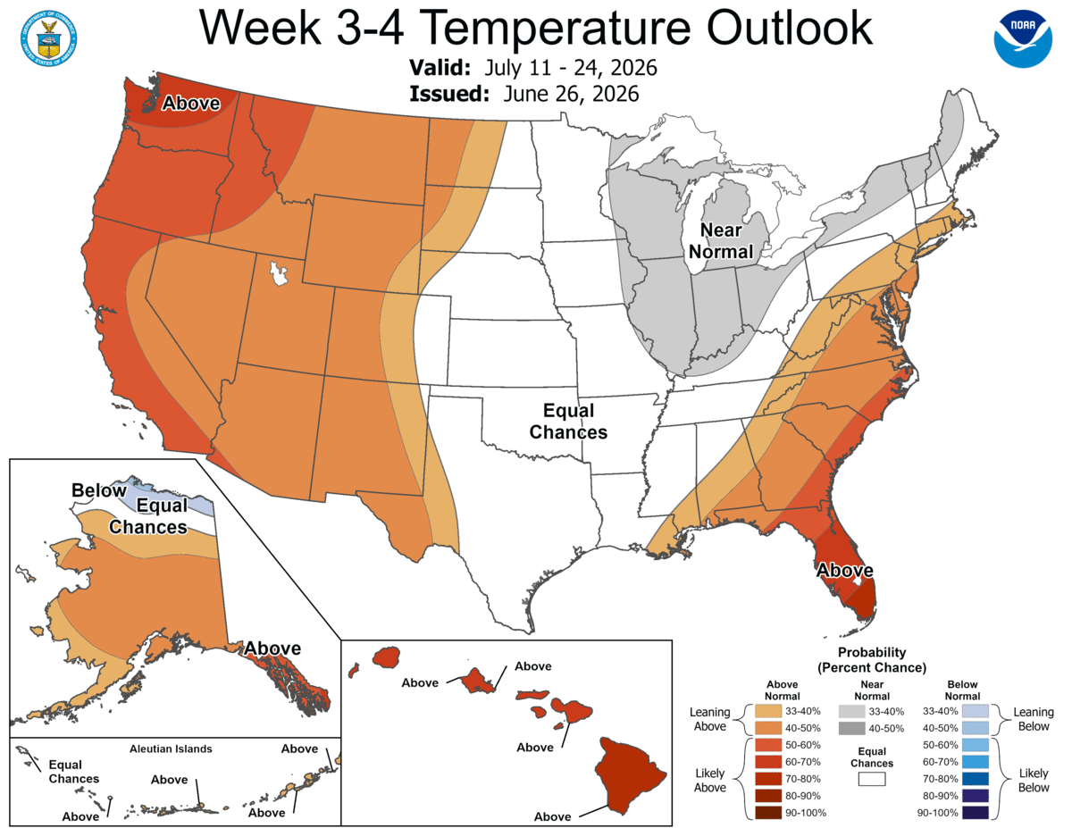 Forecast temperature anomalies in mid-July from the Climate Prediction Center. Some above average temperatures are expected into the middle of the month.