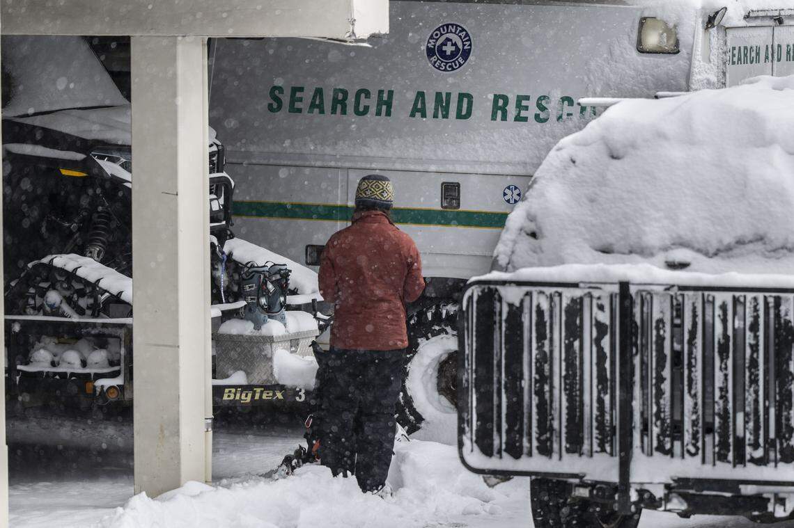 An unidentified member of the Nevada County Sheriff Search and Rescue team returns to the sheriff’s office during the search for avalanche victims in the Castle Peak area on Wednesday.