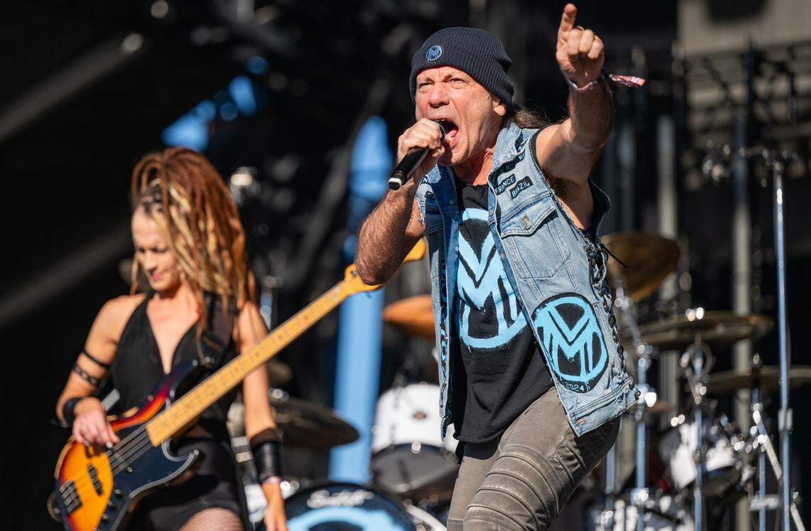 English singer Bruce Dickinson, who is the lead vocalist of heavy metal band Iron Maiden,  performs on his solo tour during the Aftershock festival on Friday, Oct. 3, 2025, in Discovery Park in Sacramento. 