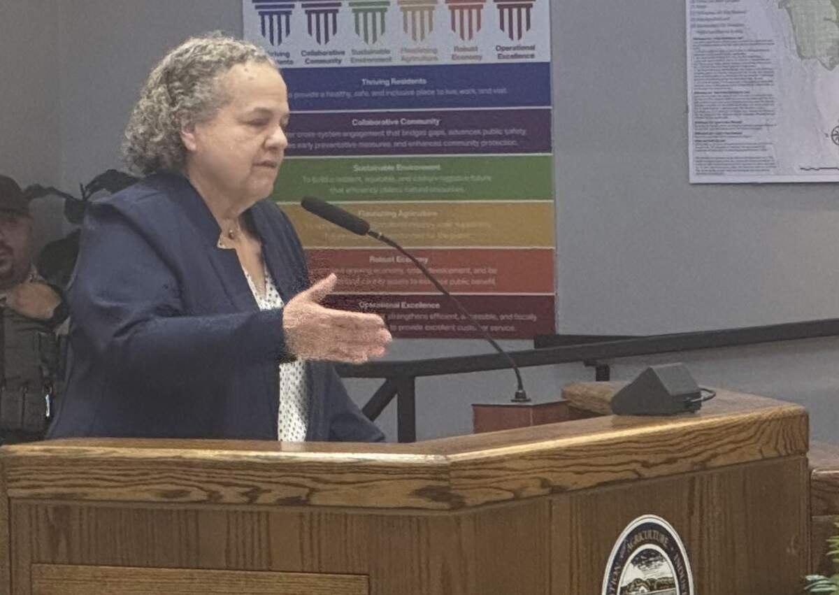 Attorney and 2022 D.A. candidate Cynthia Rodriguez presents to the Board of Supervisors on June 23, 2026 in Woodland. Rodriguez received more than 40% of votes when she ran for D.A. and says the office has not been as successful as it should be.