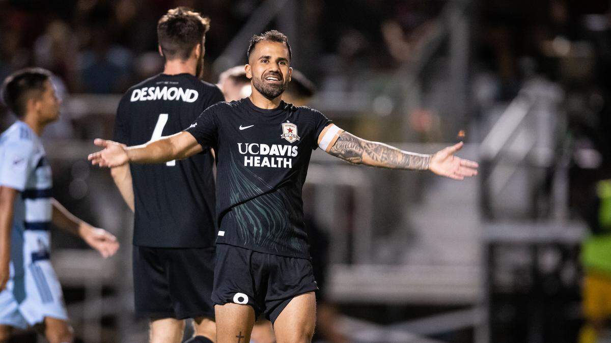 Sacramento Republic FC captain Rodrigo López calls for energy from the crowd during the U.S. Open Cup semifinal soccer game at Heart Health Park in Sacramento  in 2022.