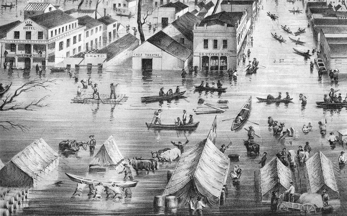 A lithograph showing the early city and its citizens struggle for survival in the rising water of the “Great Inundation” of January 1850.