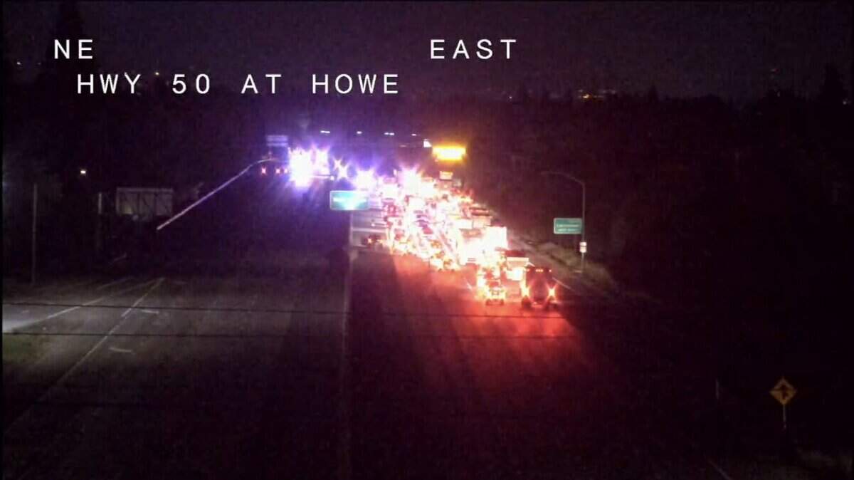 Traffic is stalled early Monday, May 4, 2020, on Highway 50 near Howe Avenue in Sacramento County after a crash involving a big rig hauling scrap metal and a wrong-way driver, according to the CHP and Caltrans.