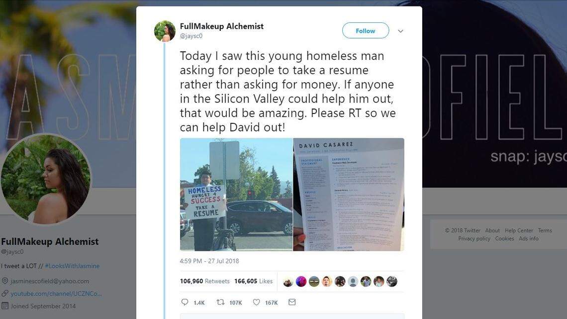 Homeless web designer David Casarez, 26, handed out resumes in a suit beside the road in Mountain View, California, on Friday, receiving hundreds of job offers after a passerby posted his photo to Twitter.