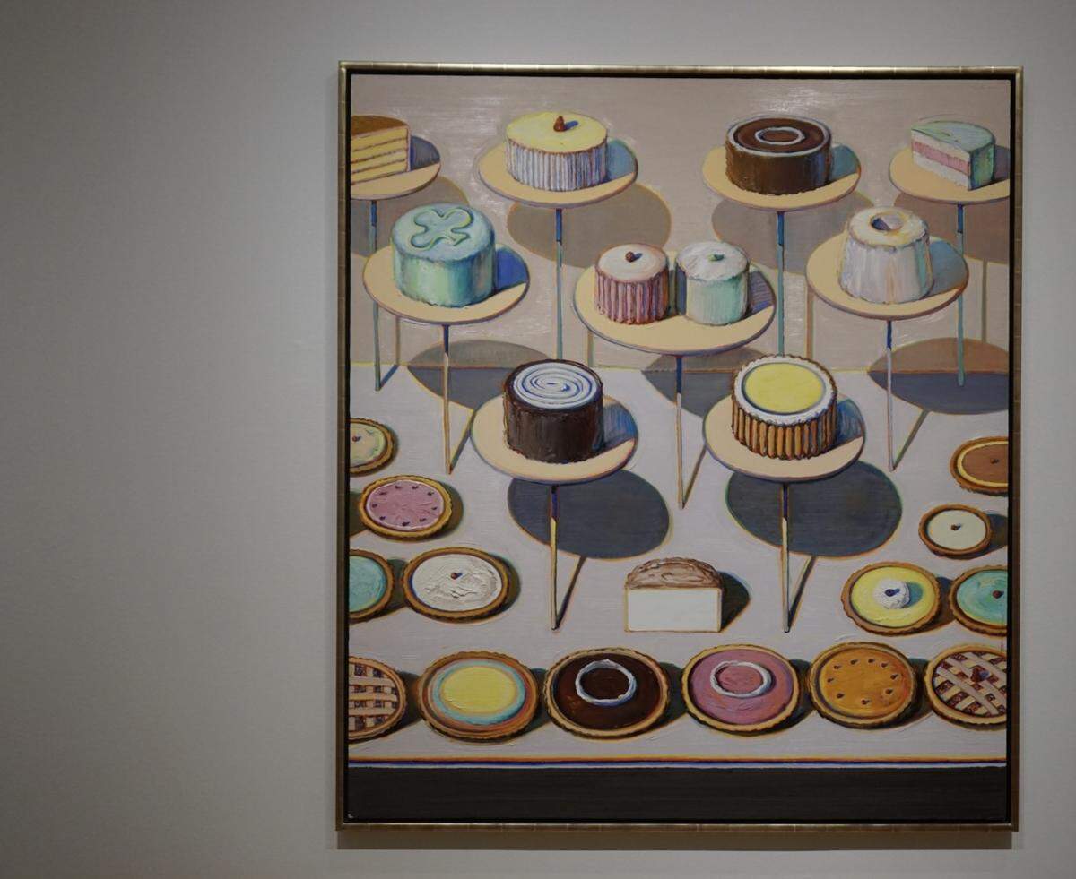 Wayne Thiebaud’s “Cakes and Pies,” 1995, currently on view at The Legion of Honor.