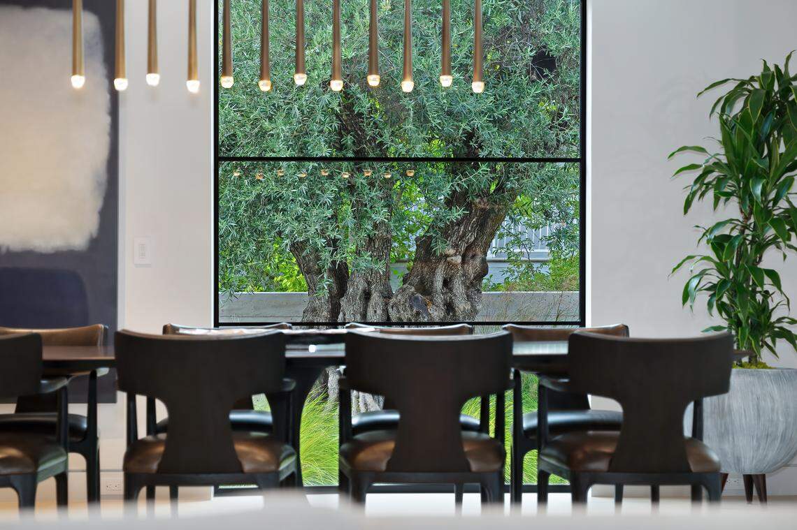 A window in the dining area dramatically frames a 150-year-old imported olive tree.
