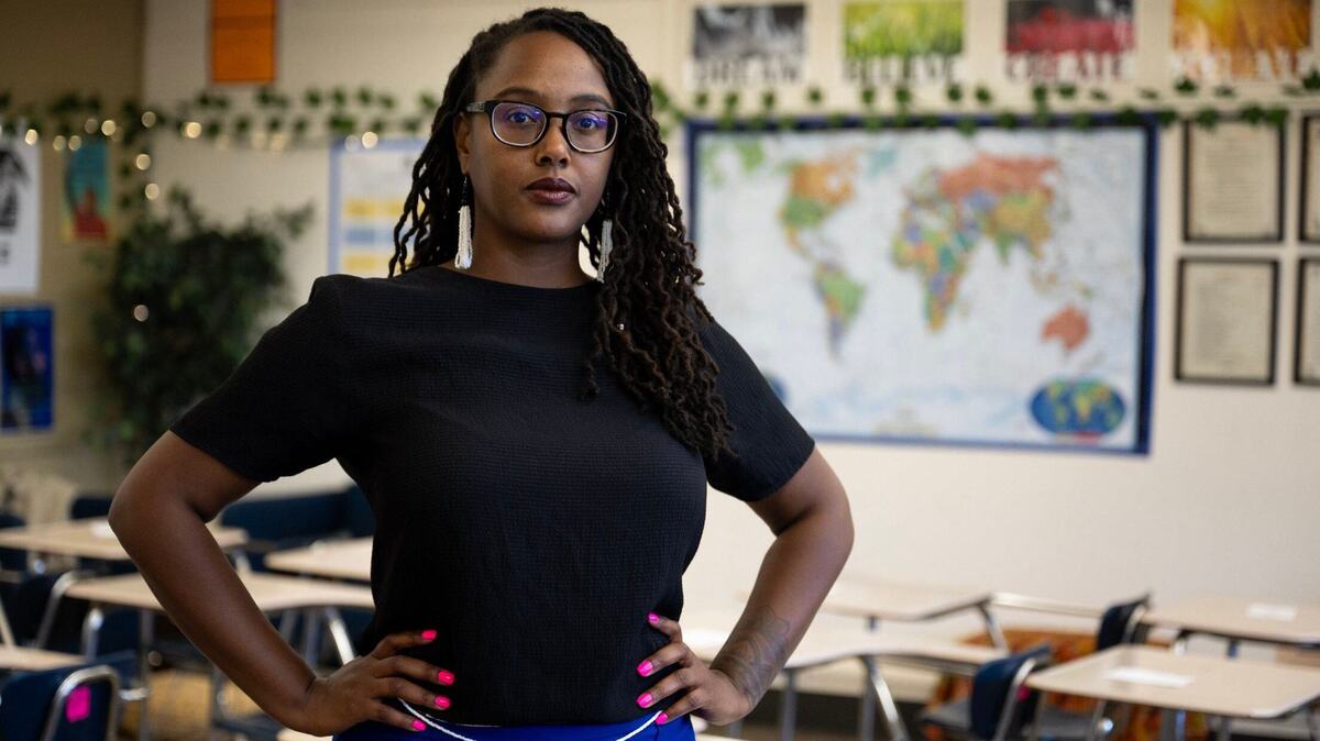 Luther Burbank High School teacher Erinn Leone stands in her classroom on Monday in Sacramento. Leone experienced a racist incident during an interaction with a fellow Luther Burbank teacher.