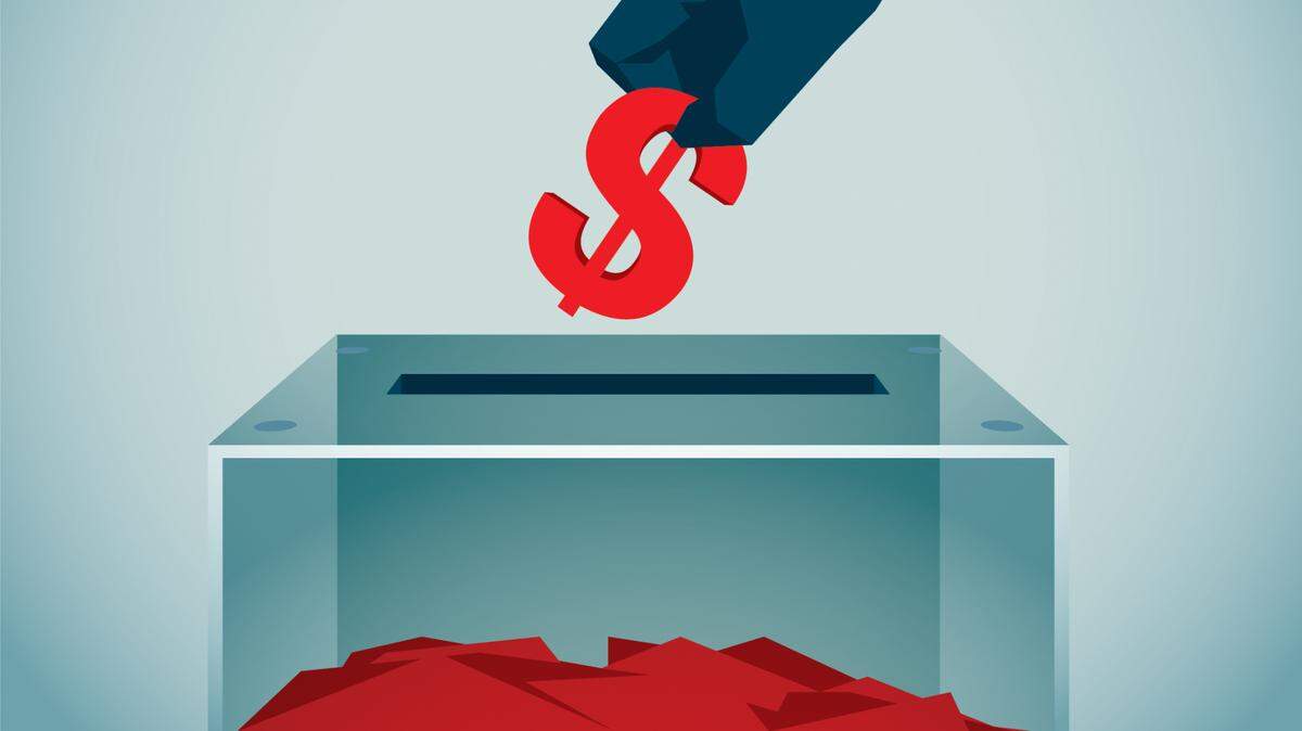 Stock illustration shows a man dropping a dollar symbol into a voting box
