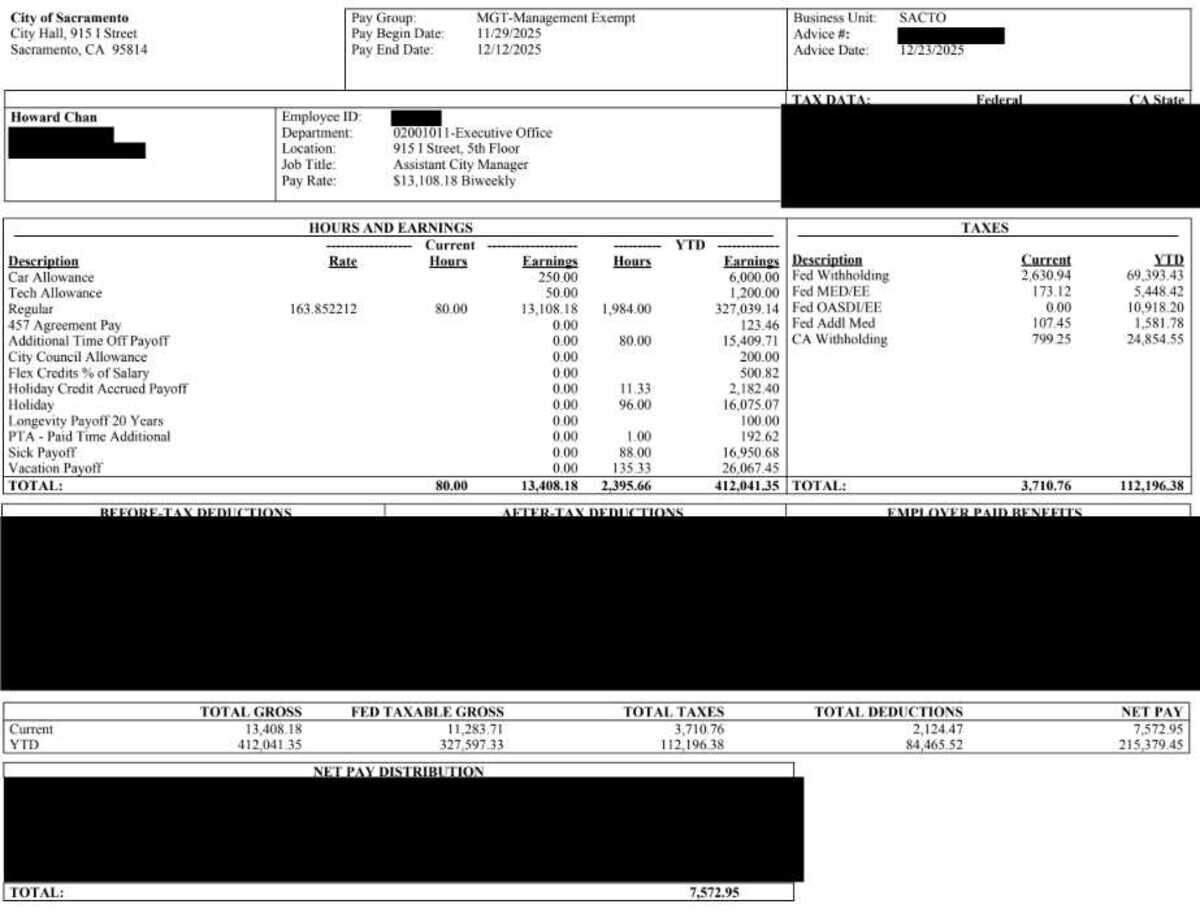 The final 2025 pay stub for Assistant Sacramento City Manager Howard Chan, released with redactions by the city in response to The Bee’s public records request, shows the total earnings, car allowance and other incentives Chan received.