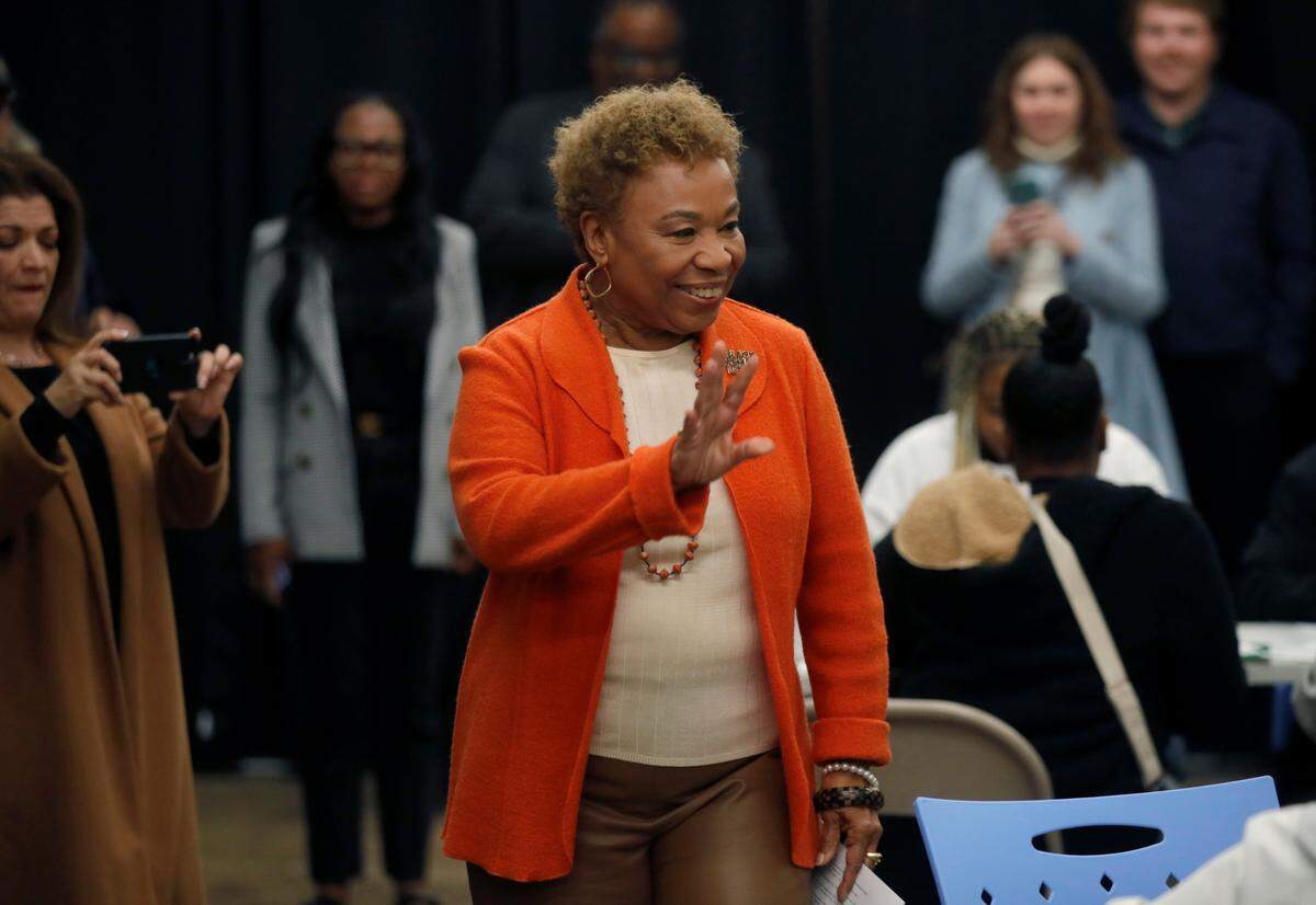 Rep. Barbara Lee, D-Oakland, greets supporters during her Super Tuesday election night gathering in downtown Oakland on Tuesday.