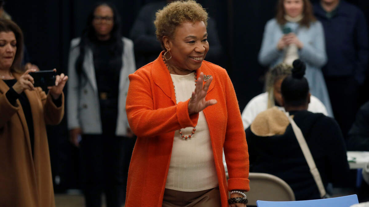 Rep. Barbara Lee, D-Oakland, greets supporters during her Super Tuesday election night gathering in downtown Oakland on Tuesday, March 5, 2024.