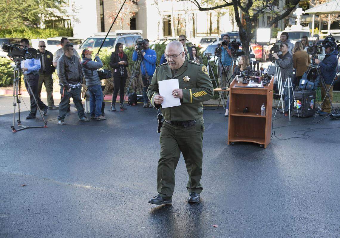 Then-Shasta County Sheriff Tom Bosenko walks away from the podium following his news conference on Nov. 30, 2016, days after Sherri Papini was found.